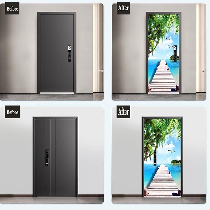 artfanke 3D Door Sticker Peel and Stick 30.3"x78.7"- Self-Adhesive Door Murals Wallpaper- Wooden Bridge Seascape Wall Decals Waterproof for Bedroom Decor (2 Sheets/Set) - Image 2