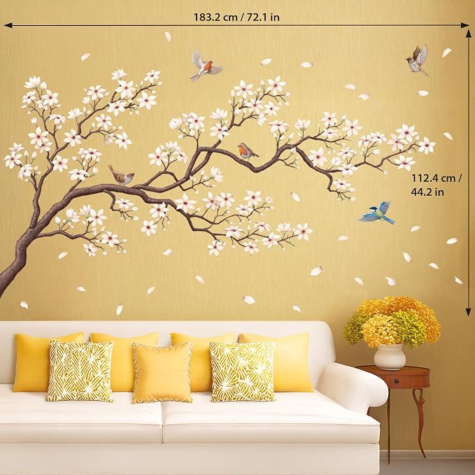 DECOWALL White Cherry Blossom Wall Stickers Decals Birds Branch (SG4-2213) | Peel and stick removable floral decor with petals and botanical art for living room, bedroom, nursery, office and staircase - Image 5
