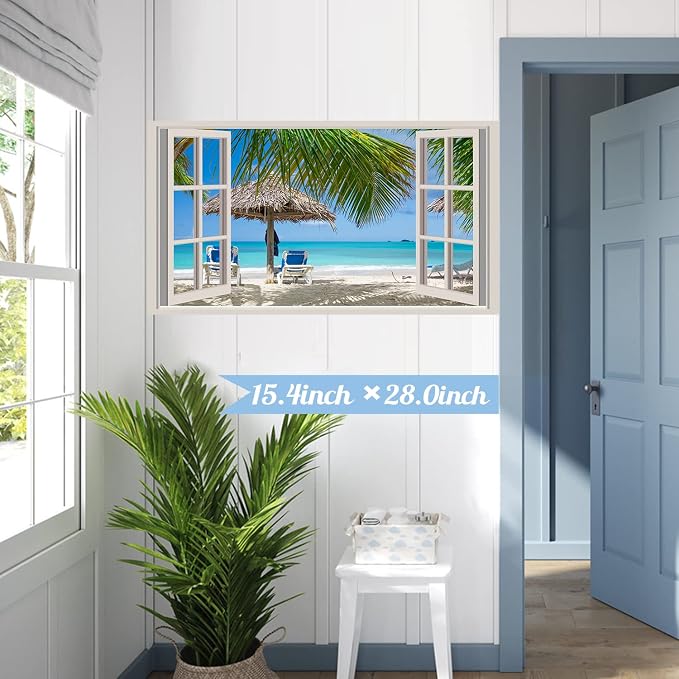 Beach Wall Sticker 3D Fake Windows Wall Stickers Beach Seascape Walls Decals Removable 3D Ocean Walls Decal Blue Sea Landscape Palm Tree Art Mural Vinyl Stickers for Bedroom Living Room Decoration - Image 6