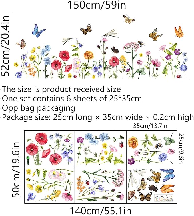 6 Pieces Flowers Wall Decals Vinyl Flowers Wall Stickers Removable Floral Murals Peel and Stick Colorful Flower Decor for Girls Bedroom Living Room Nursery (Butterfly and Dragonfly) - Image 2