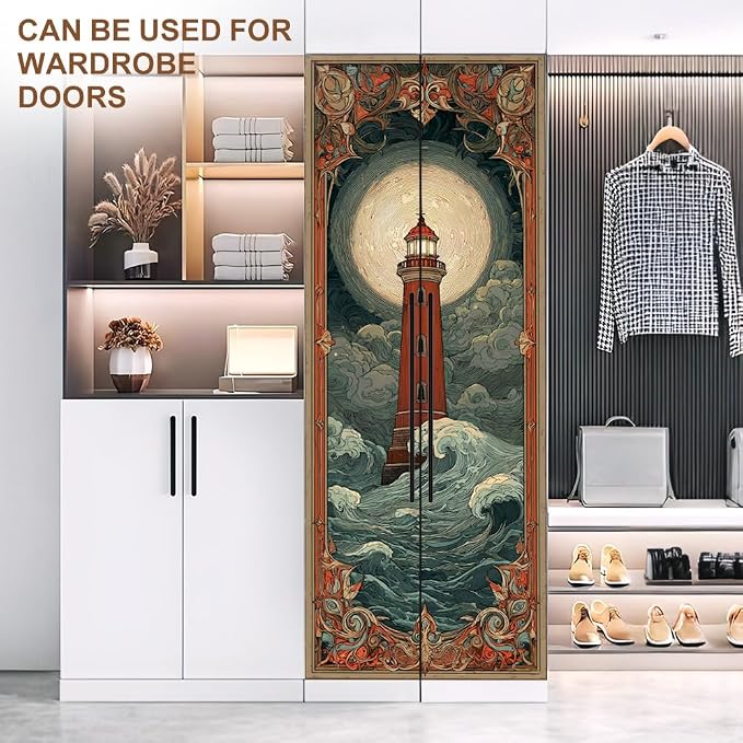 Lighthouse Door Mural, Vintage Stormy Ocean Door Cover | Waterproof PVC, 30.3" W x 78.7" L; vintage lighthouse scene for bedroom, entryway, office or closet doors. - Image 8