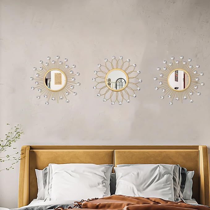3 Pack Metal Mirrors for Wall Sunburst Wall Mirrors Home Décor Decorative Hanging Wall Art for Living Room Bedroom Entryway (Gold Crystal, Flower+Sunburst) - Image 7