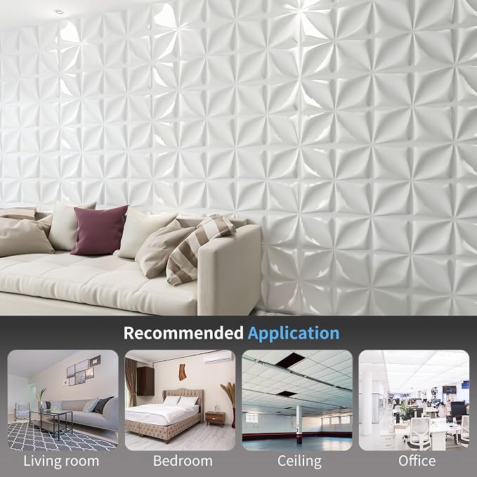 Art3d 19.7" x 19.7" (Pack of 12) 3D Wall Panels Lucky Leaves PVC Wall Panel for Inter Decoration, Living Room, TV Background, Office, White - Image 2