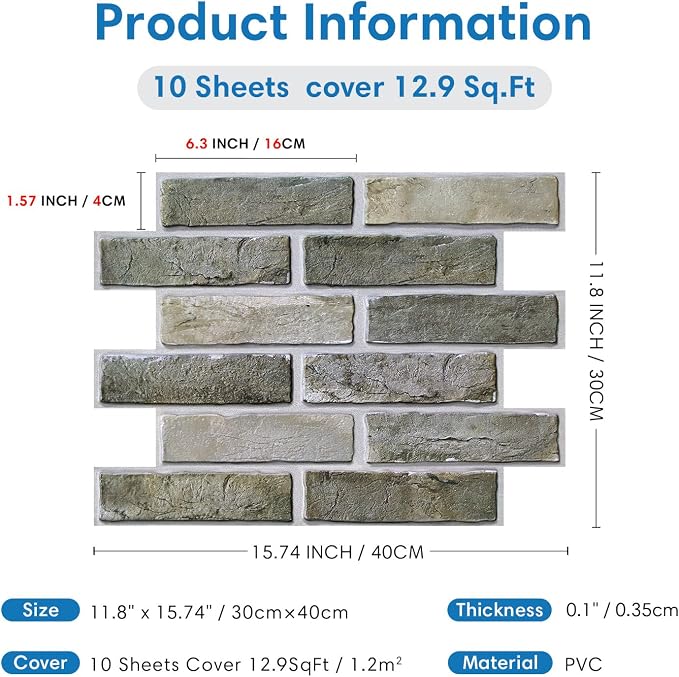 COMSTICKC 3D Faux Brick Wall Panels Peel and Stick Decorative Tiles Sticker | Vintage Green-Gray, 10 Pcs 15.7" x 11.8", Not Real Brick, PVC Fake Brick Tiles for Easy DIY Interior Decor, Cover 12.9 sq ft - Image 5