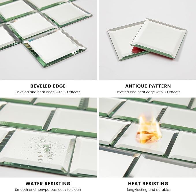 Peel and Stick Mirror Tile 3 x 3 Inch Beveled Square Silver Mirror Glass Tiles for Kitchen Backsplash Bathroom Wall（32 Pcs） - Image 5