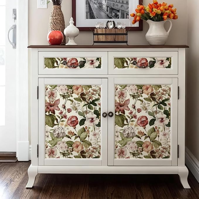 Jeweluck Vintage Floral Peel and Stick Wallpaper for Bathroom 16.9”x196.8” | Floral Wallpaper Boho Flower Contact Paper Peel and Stick Removable Self Adhesive Wall Paper for Cabinets Walls Decor Vinyl - Image 3