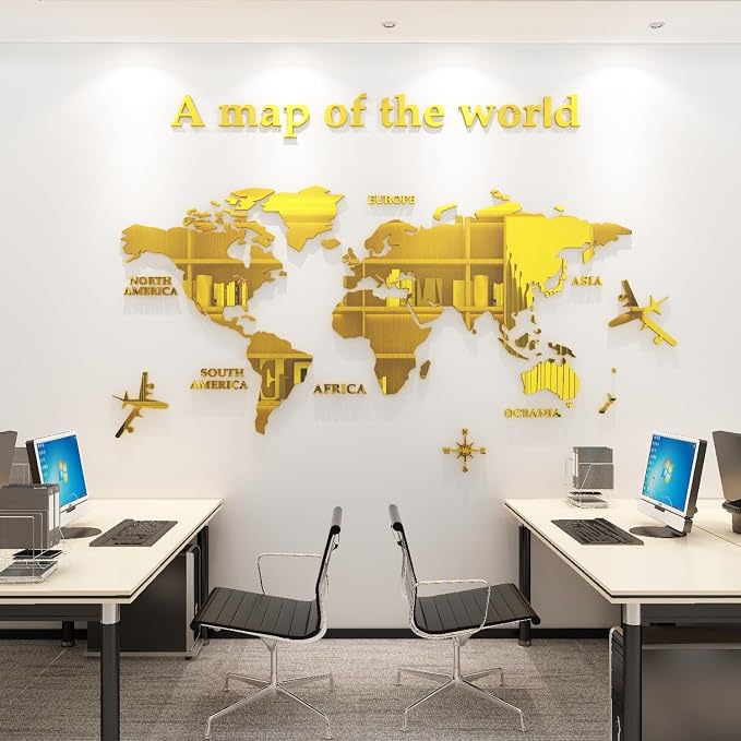 WINDIR 3D World Map Wall Stickers Decor Murals DIY Decal Golden 71x40 inch, Acrylic Office Wall Art Decor Bedroom Living Room TV wall (Golden: 180x100 cm) Large by WINDIR