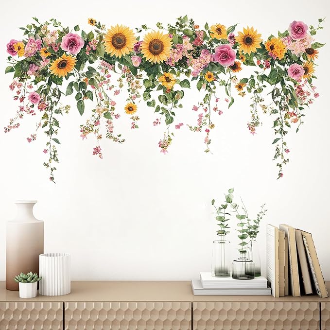 Green Sunflower Wall Decals, Removable PVC Stickers Indoor Decor | Vivid Sunflower Print, Self-adhesive Easy Install, No Wall Scratches, Fits Walls Doors Cabinets Windows Home Decor by MeyRolizn