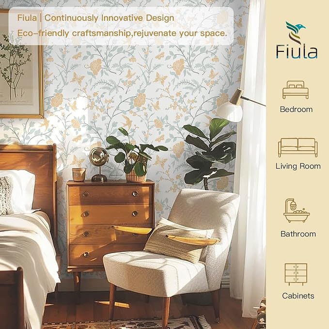 Yellow Wallpaper Floral Peel and Stick Wallpaper Boho Light Blue and Yellow Wall Paper Bird Botanical Contact Paper for Cabinets Renter Friendly Self-Adhesive Bathroom Bedroom 78.7"×17.3" - Image 9