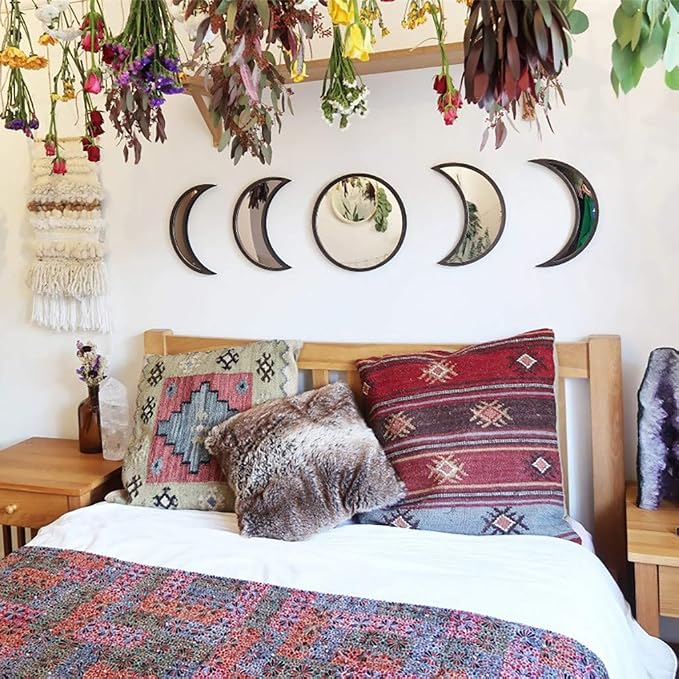 5 Pieces Scandinavian Natural Decor Acrylic Wall Decorative Interior Design Wooden Moon Phase Mirror Bohemian Wall Decoration for Home Living Room Bedroom - Not Real Mirror(Black) - Image 4