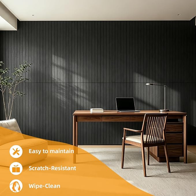 WOWSTAR 6-Pack Peel and Stick PVC Wood Slat Wall Panel，Thickened Wood Grain Wallpaper, 3D Wall Panels, 48" x15.74", Black Wood - Image 3