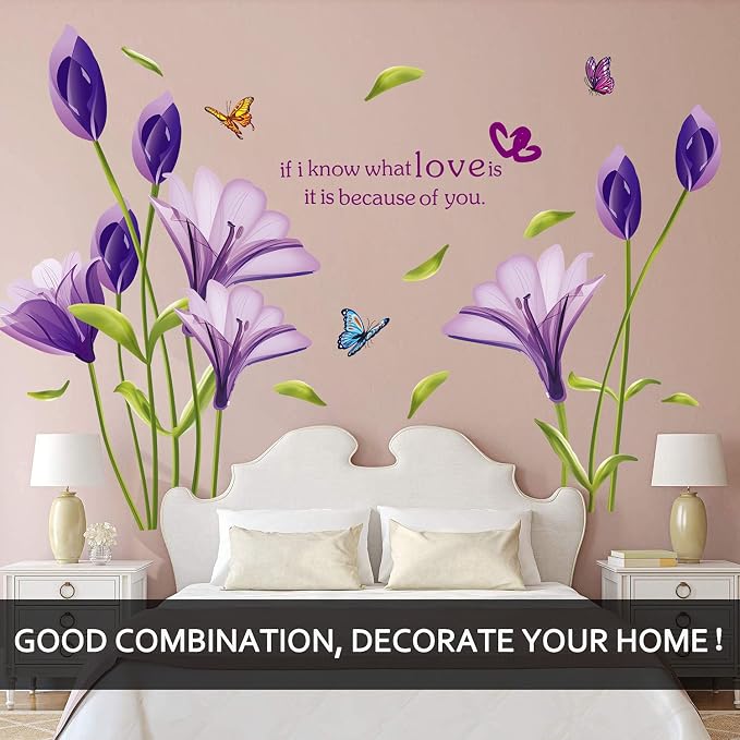 LiveGallery Beautiful Lovely Lily Flowers Wall Decals Removable DIY Butterfly Flower Vines Art Decor Wall Stickers Murals for Living Room TV Background Kids Gilrs Rooms Bedroom Decoration (Purple) - Image 7