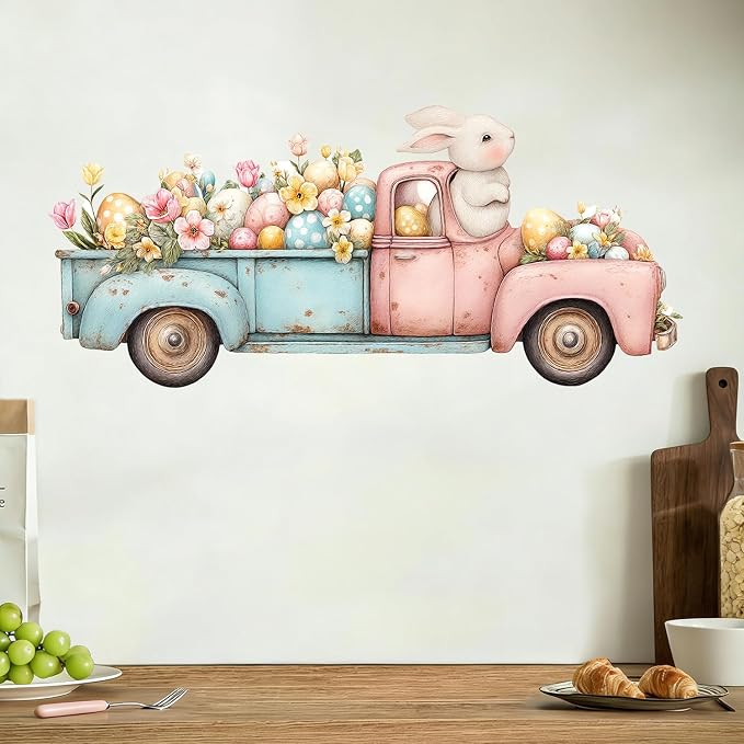 ANNA QUEEN Easter Bunny Truck Wall Decals Peel and Stick Vintage Easter Rabbit Truck Wall Stickers Removable Vinyl Easter Egg Wall Decor for Nursery Kids Room Spring Holiday Wall Art - Image 3