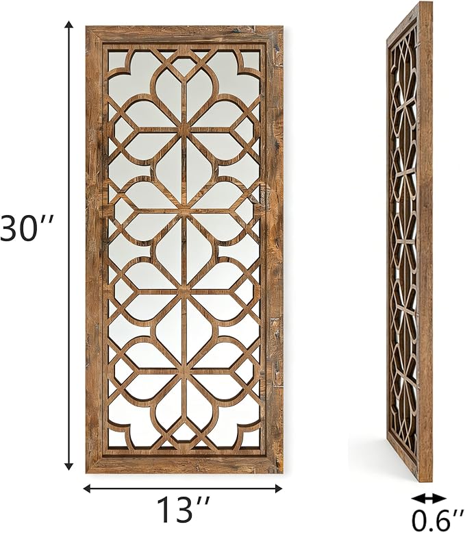 Set of 2 13x30 Inch Large Maroon Shatterproof Carved Floral Wood Frame Wall Mirrors, Boho Farmhouse Rustic Accent Mirrors for Living Room Bedroom Bathroom & Home Decor - Image 2