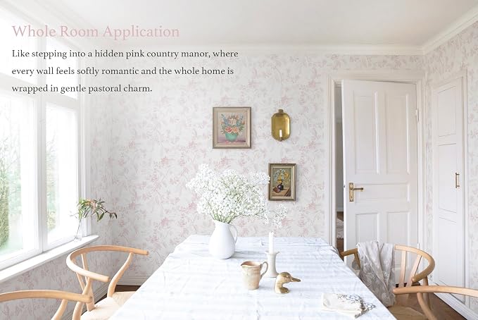 Dimoon Pink Peel and Stick Wallpaper Floral Contact Paper Boho Modern Cottage Wall Paper White Bird Village Wallpaper Renter Friendly Botanical Waterproof for Bathroom Kitchen 78.7"x17.3" - Image 5