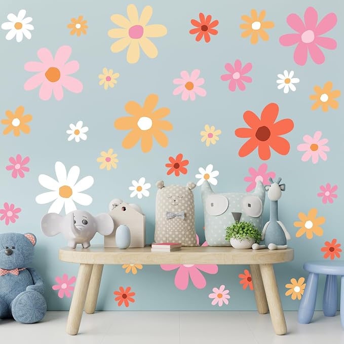 TaoBary 12 Sheet Colorful Daisy Wall Sticker Decal Big Flower Wall Sticker | Big Flower Floral Wall Decals, Daisy Bedroom Room Decor, Pink Orange White, Removable Peel and Stick, Nursery Home Wall Decor - Image 3