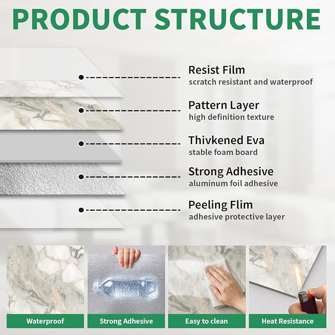 10pcs Marble Peel and Stick Backsplash Wall Tiles, Waterproof Shower Wall Panels, 11.8"x11.8" Peel and Stick Tile for Home Bathroom, Kitchen, Washroom, Living Room, White and Gold (Not Real Tile) - Image 3