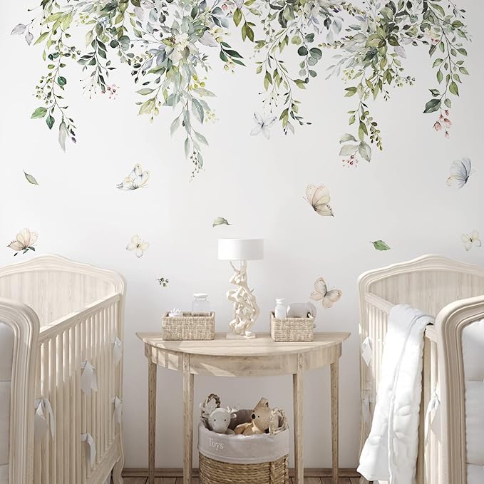 Supzone Hanging Green Leaves Wall Decals - Watercolor Plants Stickers, Large Floral Butterfly Decor, DIY Vinyl Mural Art for Bedroom, Living Room, Offices, Sofa, TV Backdrop - Image 6