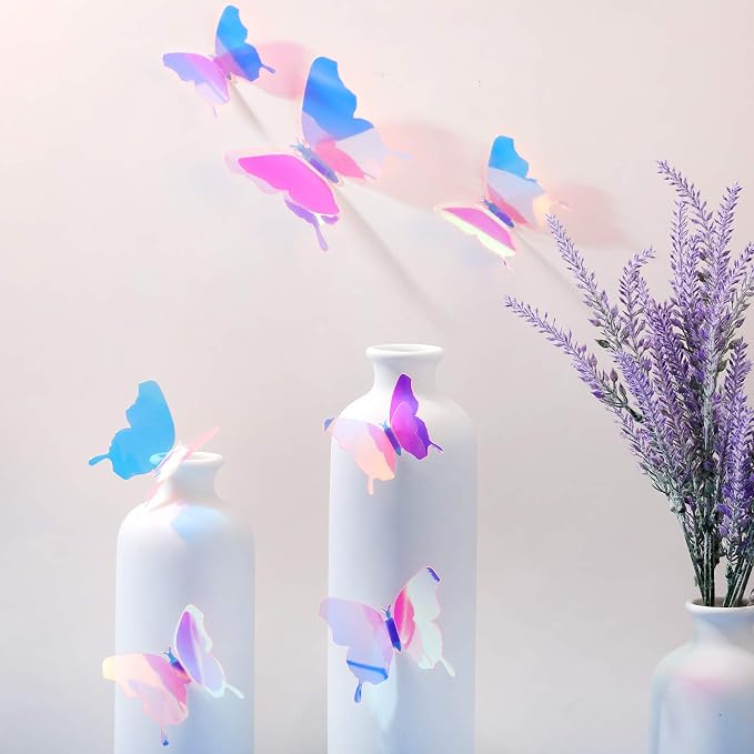 BBTO 48 Pcs 3D Butterfly Mirror Wall Decor,Transparency Colorful Pink | Butterfly Stickers,3 Sizes,for Birthday Party Cake,Room Nursery Bathroom Wall Decor,Removable Peel Stick,Reflective - Image 3