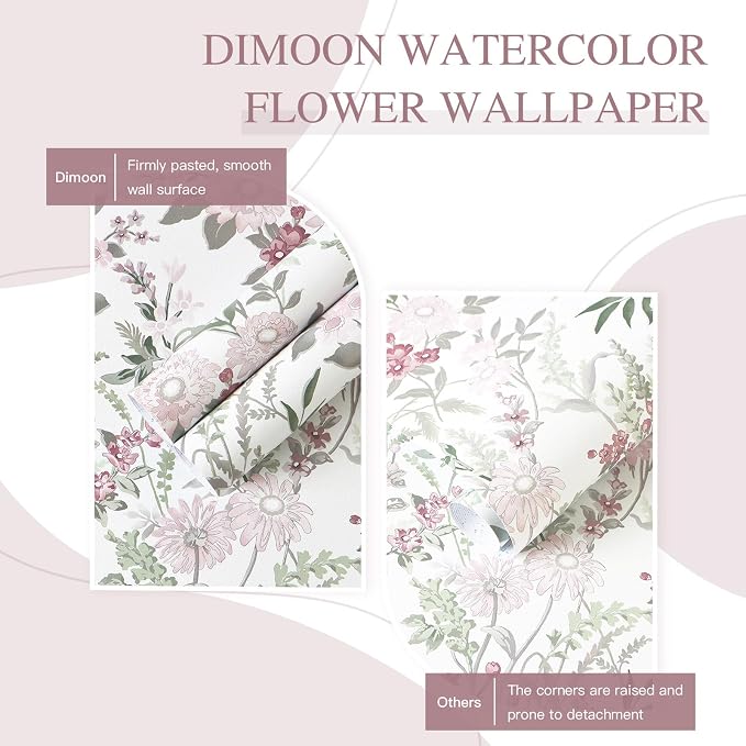 Dimoon 78.7"x17.3" Vintage Wallpaper Floral Peel and Stick Wallpaper Boho Contact Paper White Pink Green Cute Flower Removable Wall Paper Renter Friendly Kitchen Shelf Bathroom Self Adhesive Vinyl - Image 8
