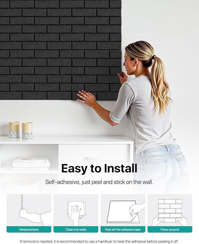 Soundsbay 18-Pack Brick Acoustic Panels, Self-Adhesive, 12"X12" | Covers 17.4 sq ft, 150kg/m³ High-Density Polyester, Soundproof Wall Panels for Recording Studio, Home Theater, Office Black - Image 6