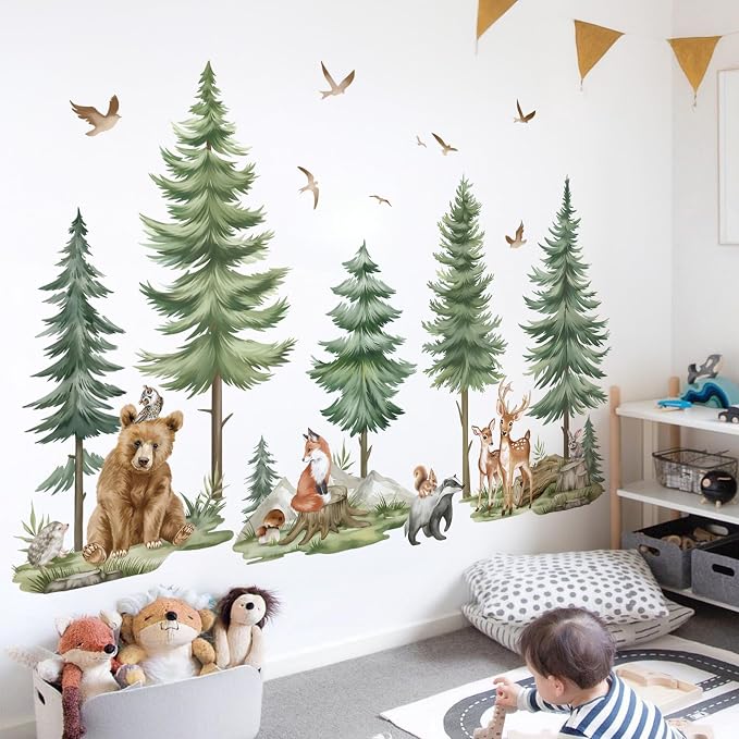wondever Mountain Tree Wall Decals Forest Animals Bear Deer Wall Stickers | Peel and Stick, Removable, Wall Art Decals, Wall Decoration, Kids Room, Bedroom Baby Nursery Playroom Decor by wondever