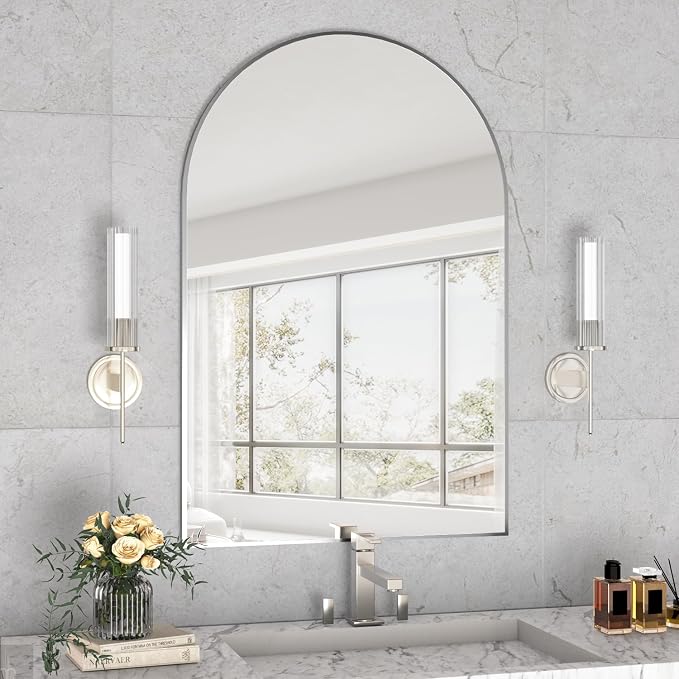 Wall Mounted Mirror, Arched Wall Mirror for Bathroom, 24"x36" Arch Bathroom Mirror with Metal Frame, Silver Vanity Mirror Decor for Mantle, Bedroom, Entryway, Living Room - Image 3