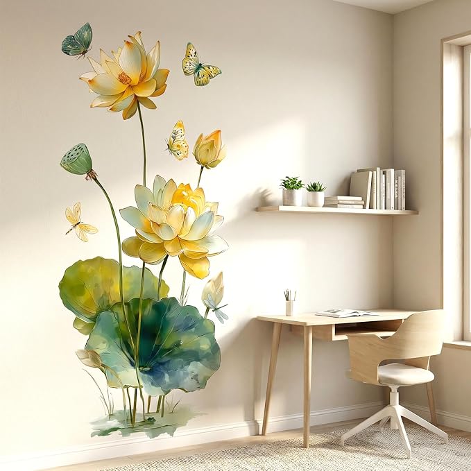 Watercolor Floral Flower Lotus Butterfly Peel and Stick Wall Decals Decor | Yellow water lily green leaves removable vinyl sticker mural, elegant oriental zen art for living room bedroom yoga bathroom - Image 6