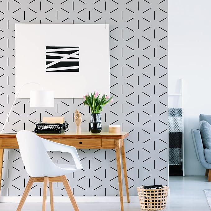 Hexagon Black Wall Decals with a Template, Modern Geometric Décor | 360 matte black vinyl lines with guide for a crisp geometric look. Peel and stick for bedroom, bathroom, living room, office. - Image 5