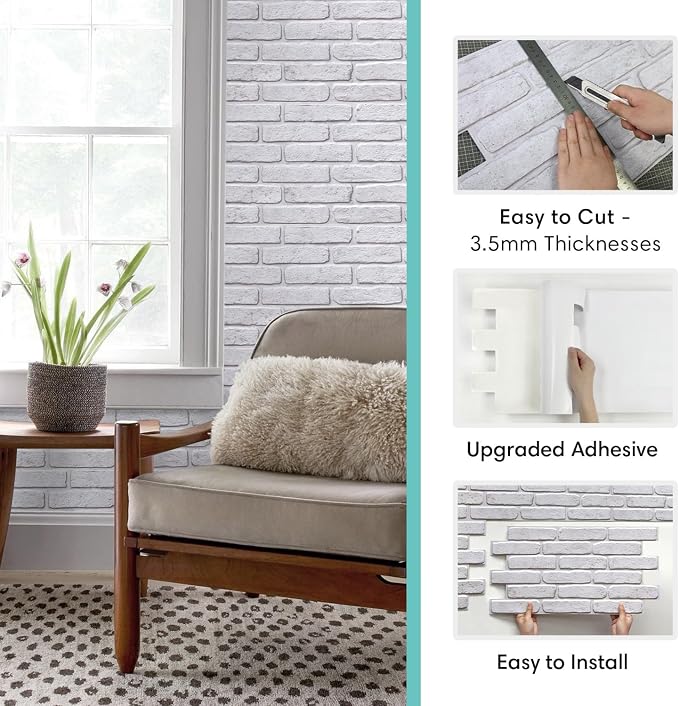 Commomy Faux Brick 3D Wall Panels - Not Real Brick 12 pcs of 22.8" x 11.8" | 22.8" x 11.8" Peel and Stick Tile Whitewash Brick Textured for Kitchen,Bedroom, Living Room（Covers 22.48 sq.ft） - Image 5