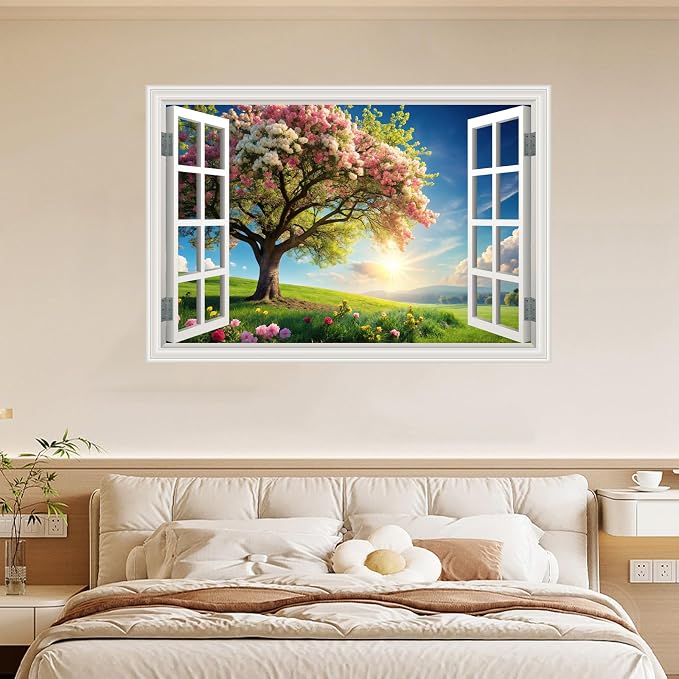 Natural Scenery Landscape Spring Green Flower Tree Scene Art Poster Fake Window Wall Mural Faux Window Wall Sticker for Office Home Room Decor, Peel and Stick Wall Decals 48" x 66" Set of 4 Sheets - Image 5