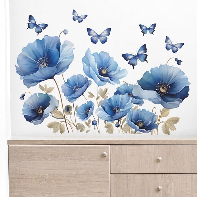 TUOKING Blue Flowers Wall Stickers Removable Butterfly Wall Murals | Peel and Stick Wall Art Decal Home Decor for Kitchen,Bedroom,Living Room(fun-c13) - Image 5