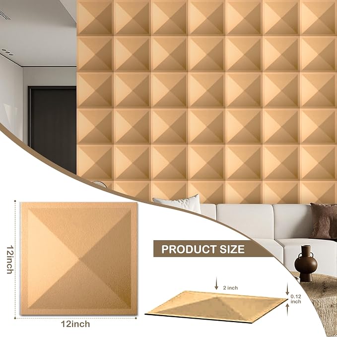 12 Pack 3D Wall Panels for Interior Wall Decor, Accent Wall Panels for Office Living Room Bedroom Hotel Lobby, 12''x12'' Pyramid Wallpapers Cover 12 Sq.Ft, Coffee Brown - Image 2