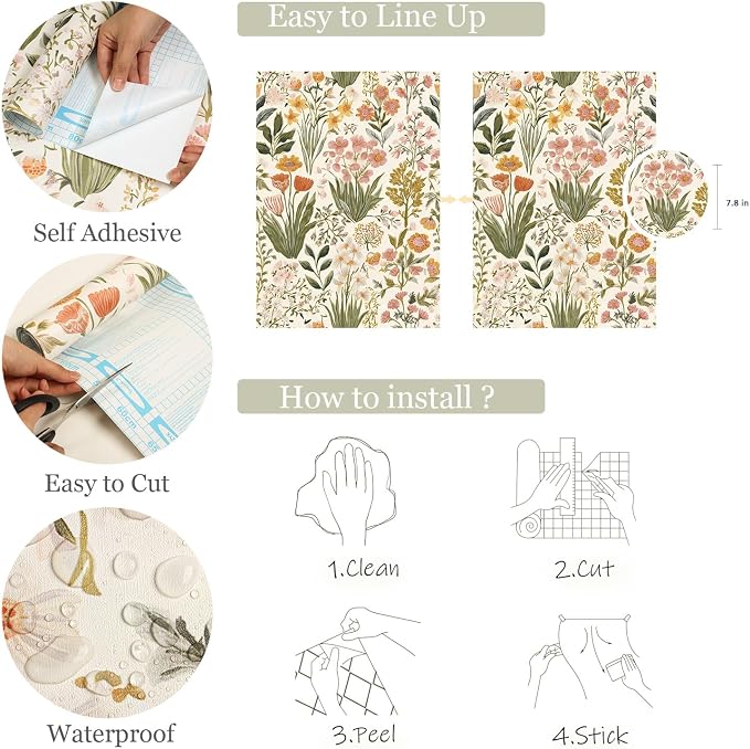 Orainege Floral Peel and Stick Wallpaper Boho Floral Contact Paper | 16.9in x118.1in Vintage Flower Wallpaper Peel and Stick Self Adhesive Flower Contact Paper Botanical Decor for Bedroom Vinyl - Image 5