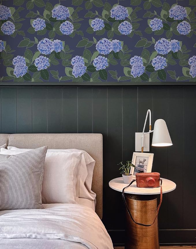 Floral Peel and Stick Wallpaper Self Adhesive Hydrangea Wall Paper French Country Cream Stick on Wallpaper for Bedroom Wall Decor Elegant Mural (Navy Hydrangea, 118" X 17.4") - Image 4