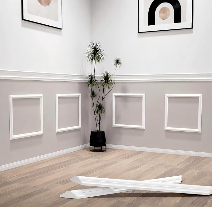 Pre-Cut Peel and Stick Wall Molding, 4 Frames, 20 x 20 Inch | Four 20 x 20 in pre-cut frames with peel-and-stick backing for easy DIY wainscoting, accent walls, doors, and cabinets. by Yandyn