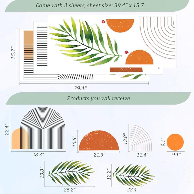 Boho Mid-Century Modern Wall Decals Peel and Stick, Large Archs Sun Vinyl Wall Stickers, Removable Leaves Plants Home Decor Art for Bedroom Living Room Classroom Office - Image 2