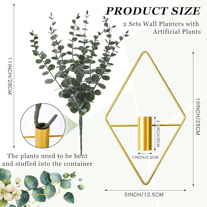 Jexine 8 Pcs Hanging Artificial Planters Wall Decor, Gold, Eucalyptus | Bathroom Wall Decor, Geometric Metal Vase, Indoor Plants, Living Room, Home Office, Entryway, Boho Accent, Wall Mounted - Image 2