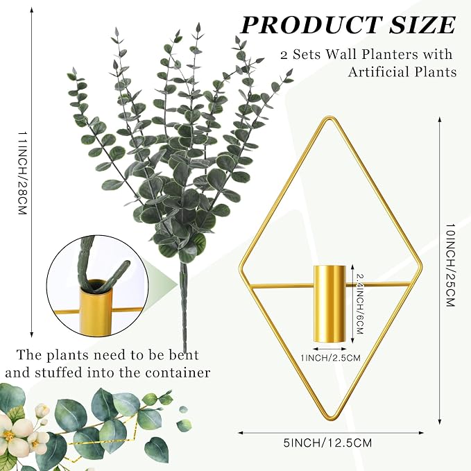 Jexine 4 Pcs Hanging Artificial Planters Wall Decor, Gold, Eucalyptus | Bathroom Wall Decor, Geometric Metal Vase, Indoor Plants, Living Room, Home Office, Entryway, Boho Accent, Wall Mounted - Image 2