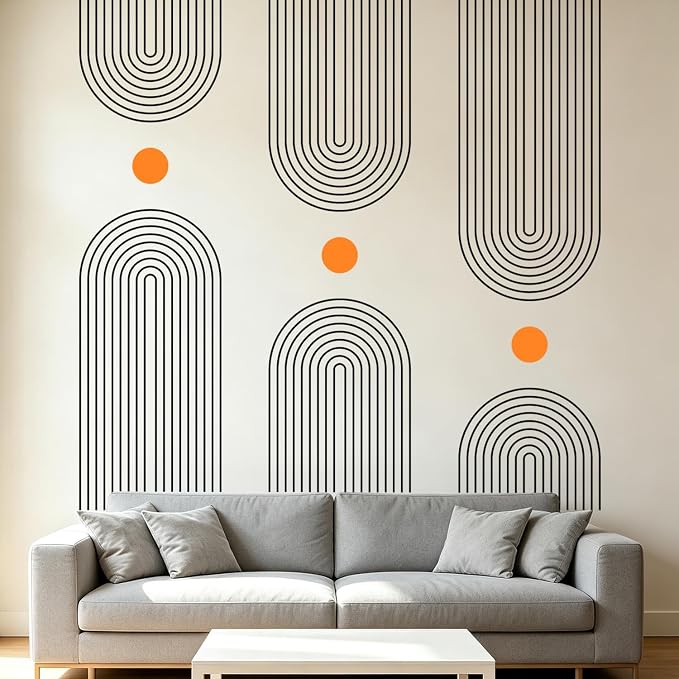 Minimalist Line Arch Orange Dot Boho Removable Wall Decals Decor Stickers | Mid-century modern black abstract geometric peel and stick removable vinyl wall murals art for bedroom living room office by VePret
