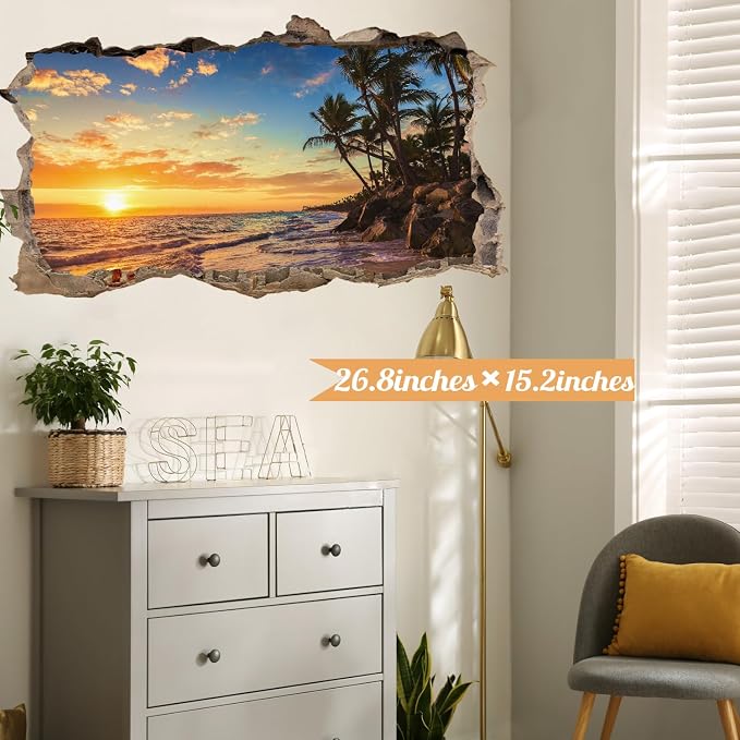 Sunset Beach Wall Decals 3D Broken Walls Stickers Peel and Stick Art Murals | Sunset palm tree stickers, removable beach seascape vinyl decal, for bedroom living room kitchen summer art print decorative - Image 2