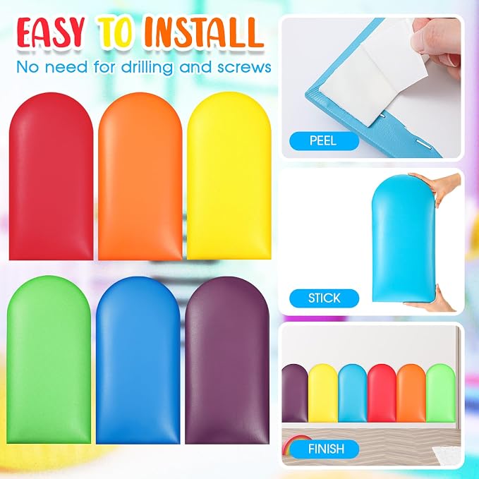 Jetec 6 Pcs Kids Wall Padding Panels, 1.18 Inch Thick Foam Wall Protector, 15.75 x 7.87 Inch Soft 3D Rainbow Safety Panels for Nursery & Playroom - Image 4