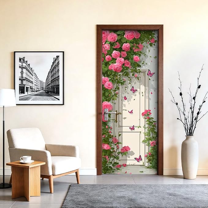 Rose Garden Door Mural, Pink Floral Gate Butterfly Door Cover | Waterproof PVC, 30.3" W x 78.7" L; pink rose garden design for bedroom, entryway, living room or closet doors. - Image 5