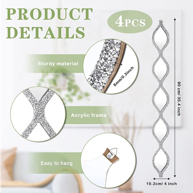 BBTO 4 Pcs Teardrop Mirror Wall Decor Silver Long Mirror Home Decorative - Image 2