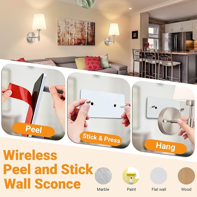 Nekhung Battery Operated Wall Sconce, Peel and Stick Sconces Set of 2 | Wireless Adhesive Stick On Wall Sconce, 10000mAh Rechargeable RGB Bulb with Remote, No Drill Wall Light for Bedroom Decor - Image 3