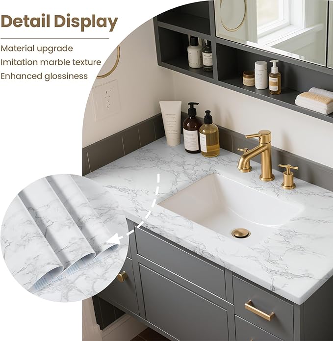 Marble Contact Paper White Extra Wide Peel and Stick for Kitchen Countertop | 47.2" x 197" Marble Wallpaper Granite Grey Thick PVC for Cabinet Furniture Renovated Removeable Without Leaving Glue Upgrade - Image 3