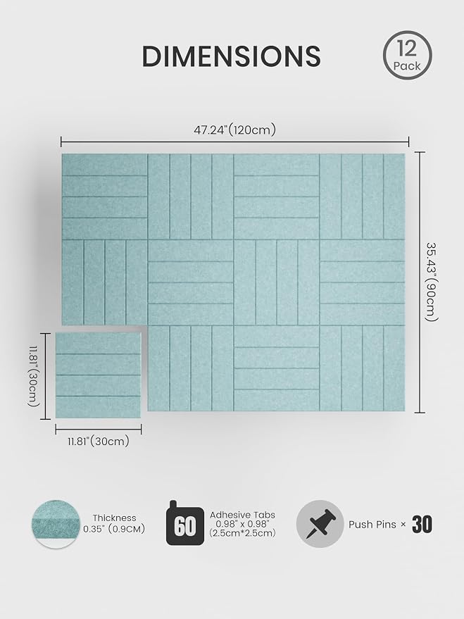 Bumusty 48"x 36" Large Felt Bulletin Board Tiles, Aqua Blue | 12-Pack Cork Board Alternative, Wall Decor, 30 Pushpins, 60 Adhesive Tabs, Vision Board, Office, Classroom, Home, Dorm - Image 2
