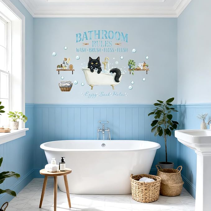 LHIUEM Cat Bathroom Wall Decals,Funny Black Cat Wall Stickers,Watercolor Bubble Wallpaper,Cute Cat in Tub Murals,Bathroom Rules Pictures,Peel and Stick for Restroom Home Kids Room - Image 2