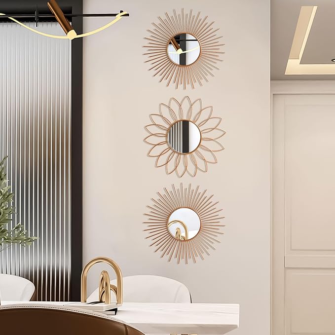 3 Pack Metal Mirrors for Wall Sunburst Wall Mirrors Home Décor Decorative Hanging Wall Art for Living Room Bedroom Entryway (Rose Gold2, Flower+Sunburst) - Image 5