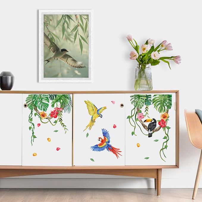 Yovkky Tropical Plant Birds Wall Decals Stickers, Monstera Palm Leaves | Parrot Toucan Home Bedroom Decor, Hanging Vines Hibiscus Flower Living Room Kitchen Decorations Art - Image 4